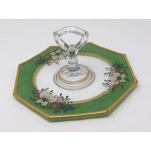 Vintage Glass Tidbit Tray Green and Gold Rimmed with Hand Painted Enamel Flowers